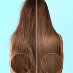 Split screen: Half shows damaged, frizzy hair the other half smooth, healthy hair.