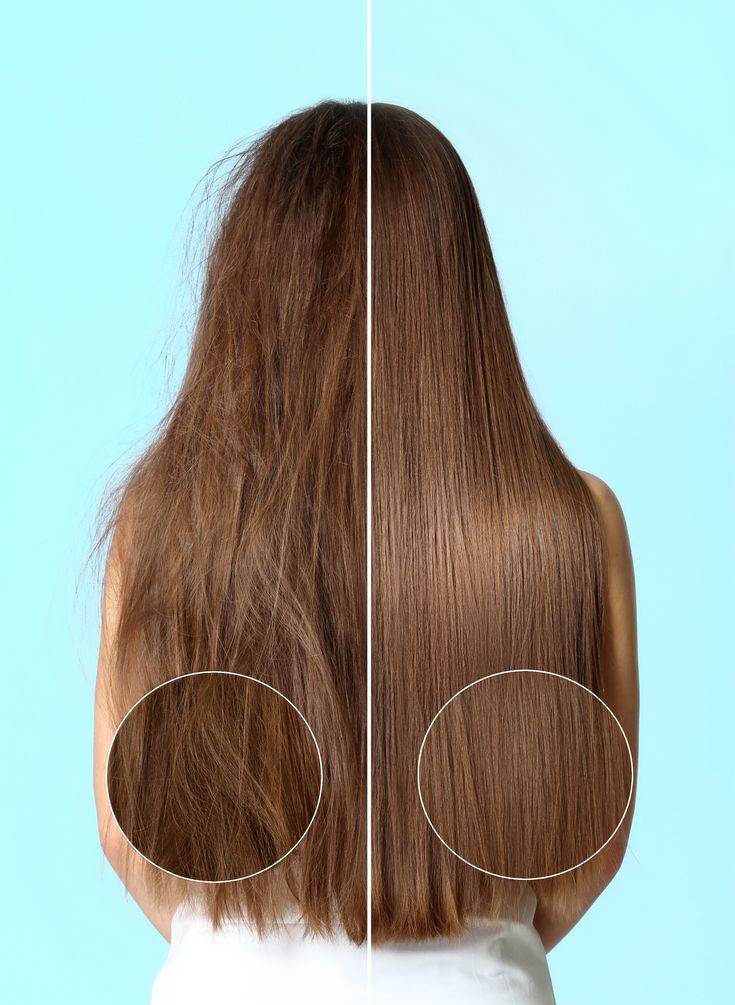 Split screen: Half shows damaged, frizzy hair the other half smooth, healthy hair.